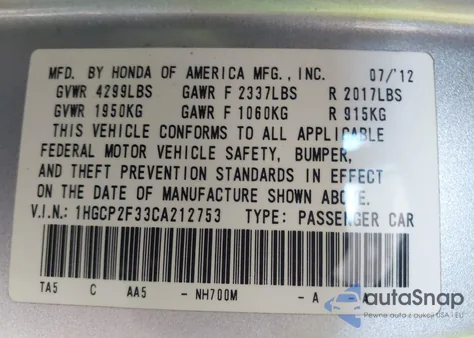 2012 Honda Accord 2.4 Lx from USA, damaged, VIN 1HGCP2F33CA212753
